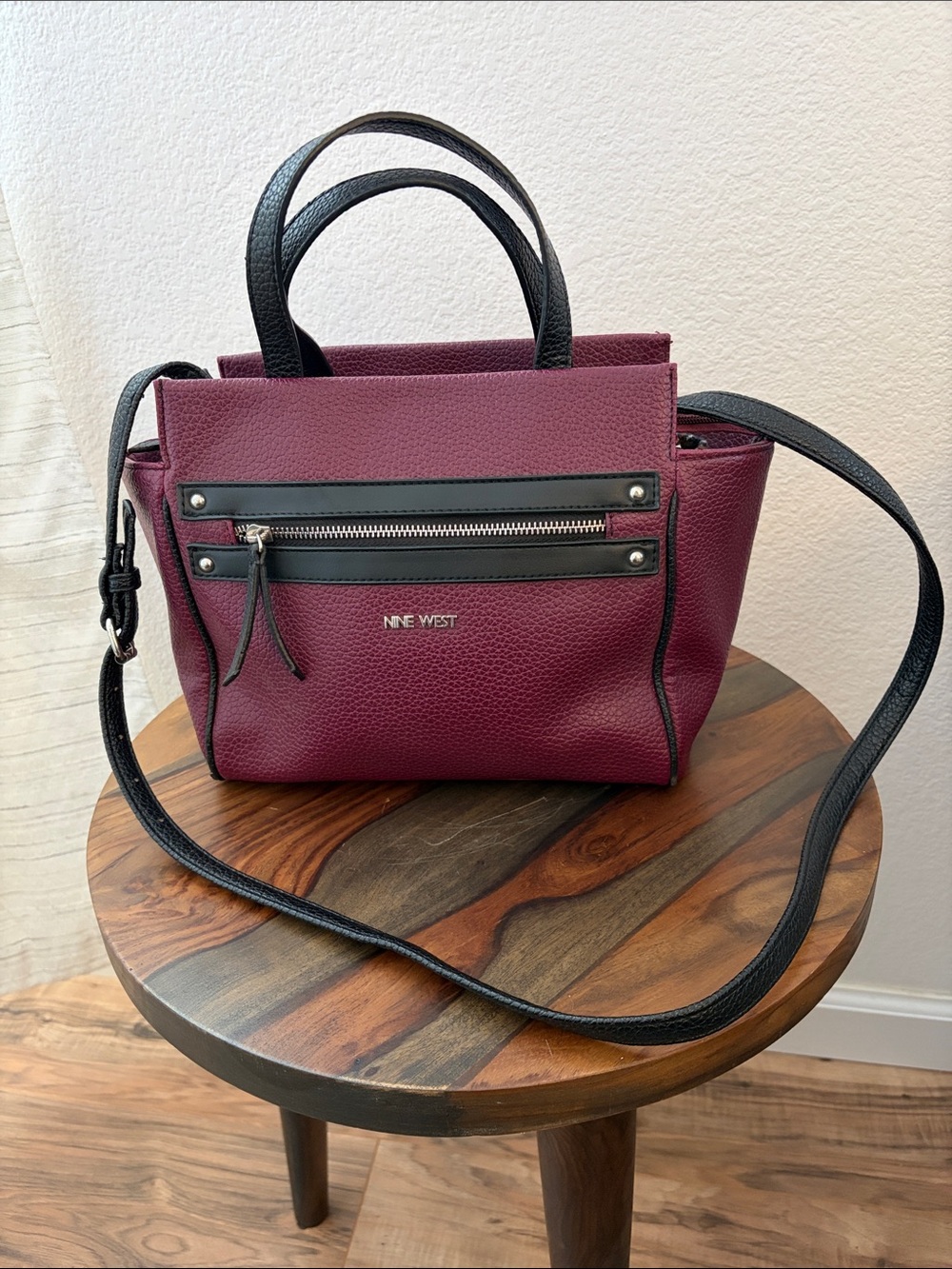 Nine West Wine Faux Pebbled Leather Crossbody with Black Trim